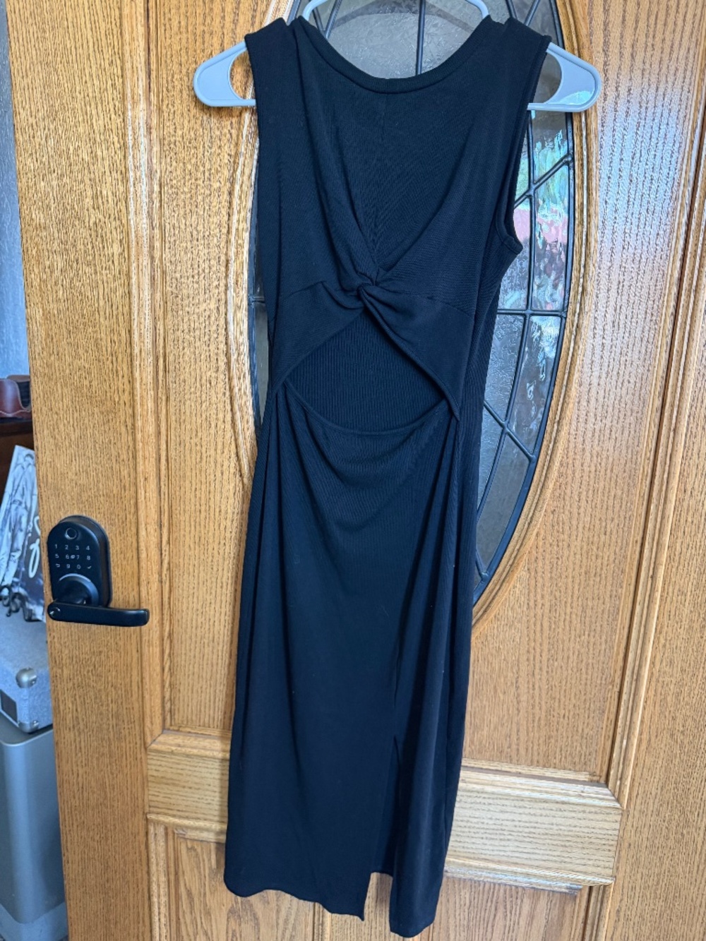 OTEN Black maxi dress with mesh details and a twist front. Size: M